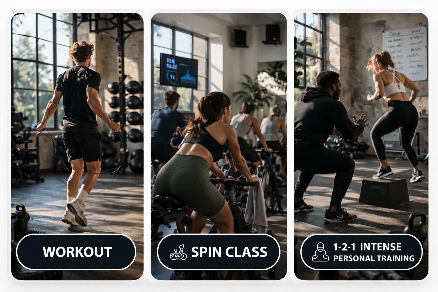Workout, spin class and one-to-one intense personal training environments for Movement