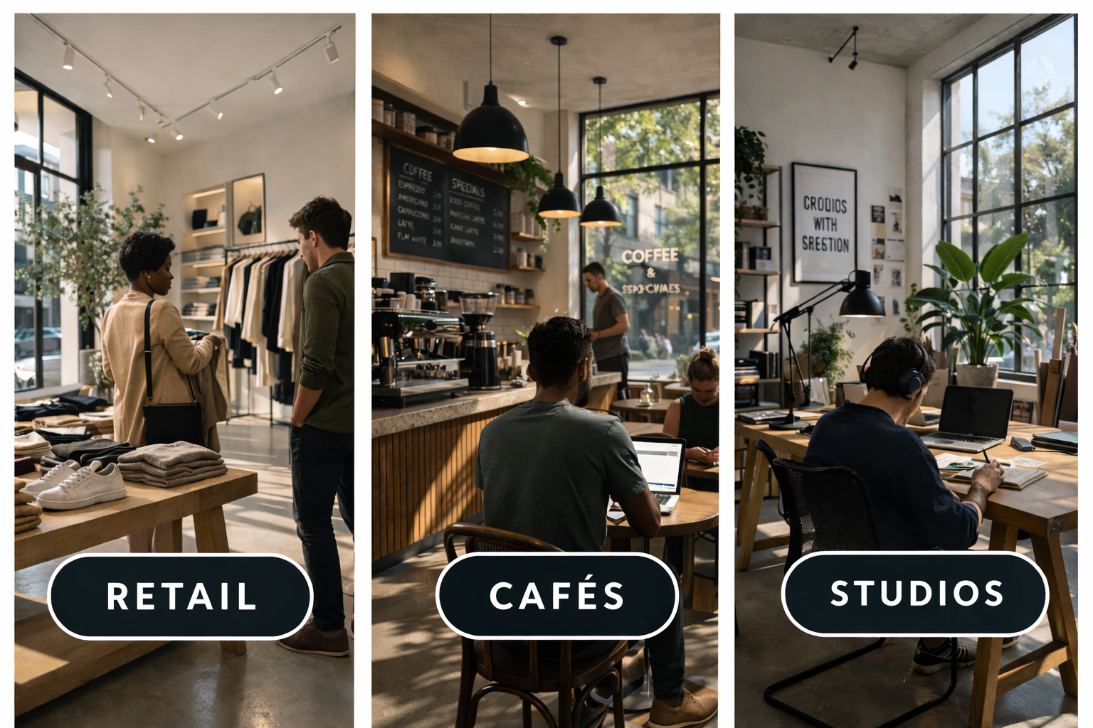 Retail, cafés and studios environment illustration for Dayform