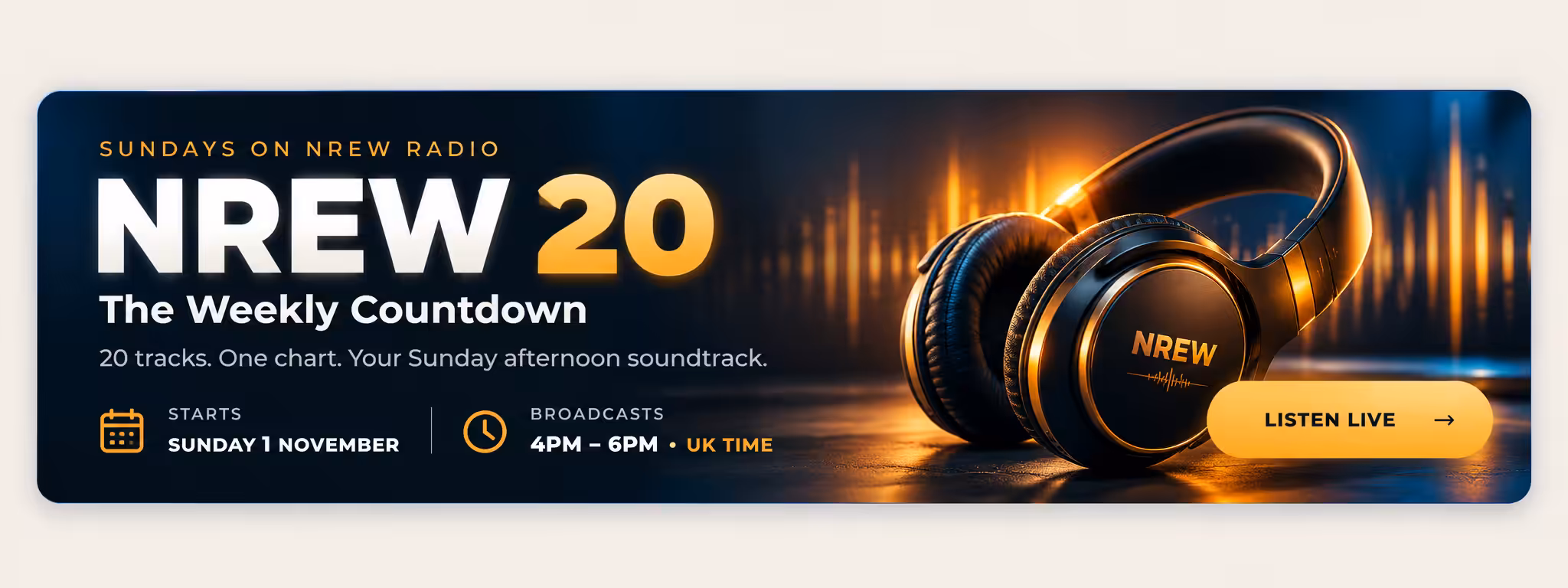 The NREW Top 20 — starts Sunday 1st November, broadcasts 4pm to 6pm, counting down the week's Top 20